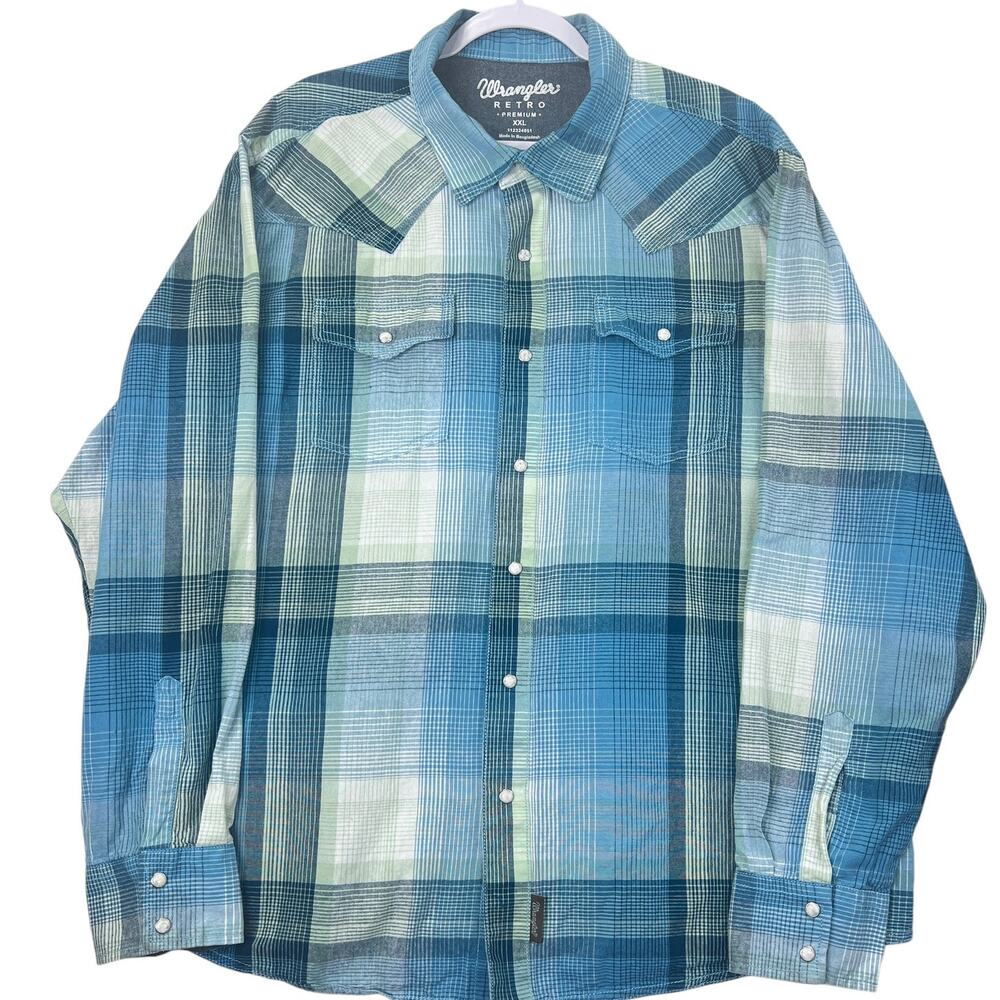 Wrangler Retro Plaid Pearl Snap Shirt XXL‎ Long Sleeve Collared Rodeo Cowboy